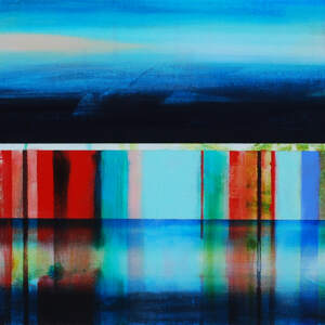 Éclaircie, mixed media canoe painting by Sylvain Leblanc | Effusion Art Gallery + Cast Glass Studio, Invermere BC