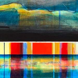 Lumière lointaine, lointaine, mixed media canoe painting by Sylvain Leblanc | Effusion Art Gallery + Cast Glass Studio, Invermere BC