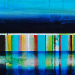 Petite bruine, mixed media canoe painting by Sylvain Leblanc | Effusion Art Gallery + Cast Glass Studio, Invermere BC