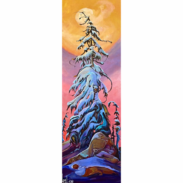 Ice Princess, acrylic tree + sunset painting by Heather Pant | Effusion Art Gallery + Cast Glass Studio, Invermere BC