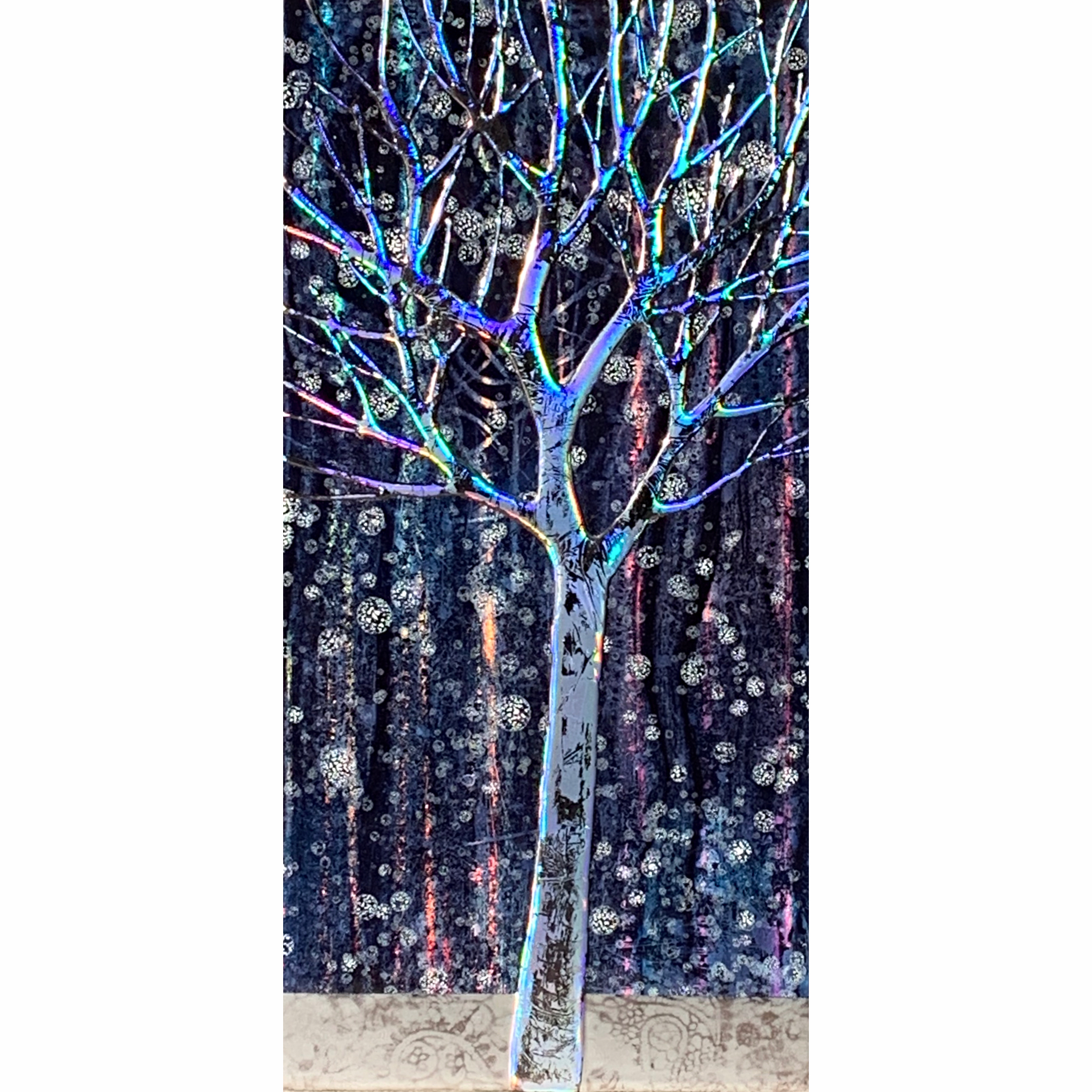 Lil Navy, mixed media holographic tree painting by Sarah Moffat | Effusion Art Gallery + Cast Glass Studio, Invermere BC