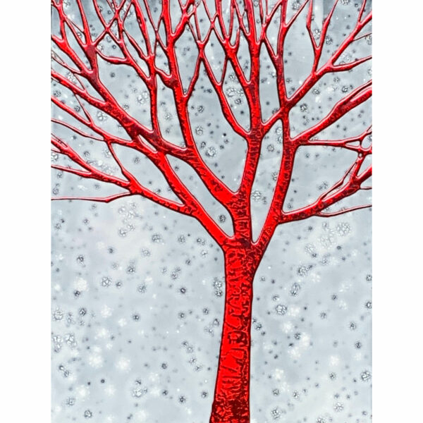 Winter Red, mixed media tree painting by Sarah Moffat | Effusion Art Gallery + Cast Glass Studio, Invermere BC