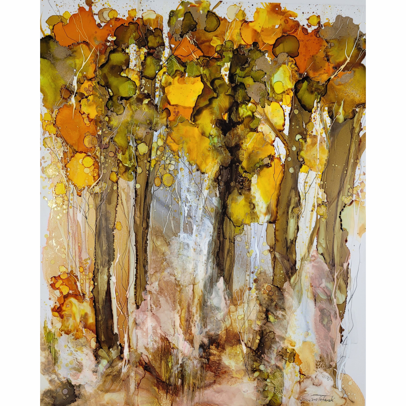 Autumn Woods 1, original alcohol ink landscape painting by Paulina Tokarski | Effusion Art Gallery + Cast Glass Studio, Invermere BC