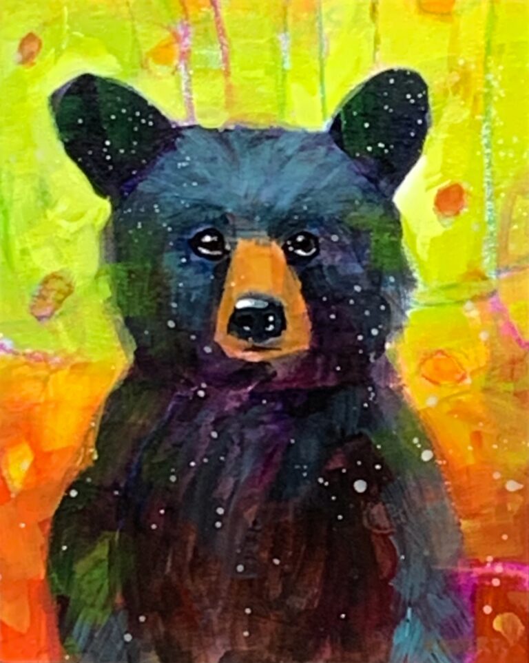 Black Cub, mixed media bear cub painting by Connie Geerts | Effusion Art Gallery + Cast Glass Studio, Invermere BC