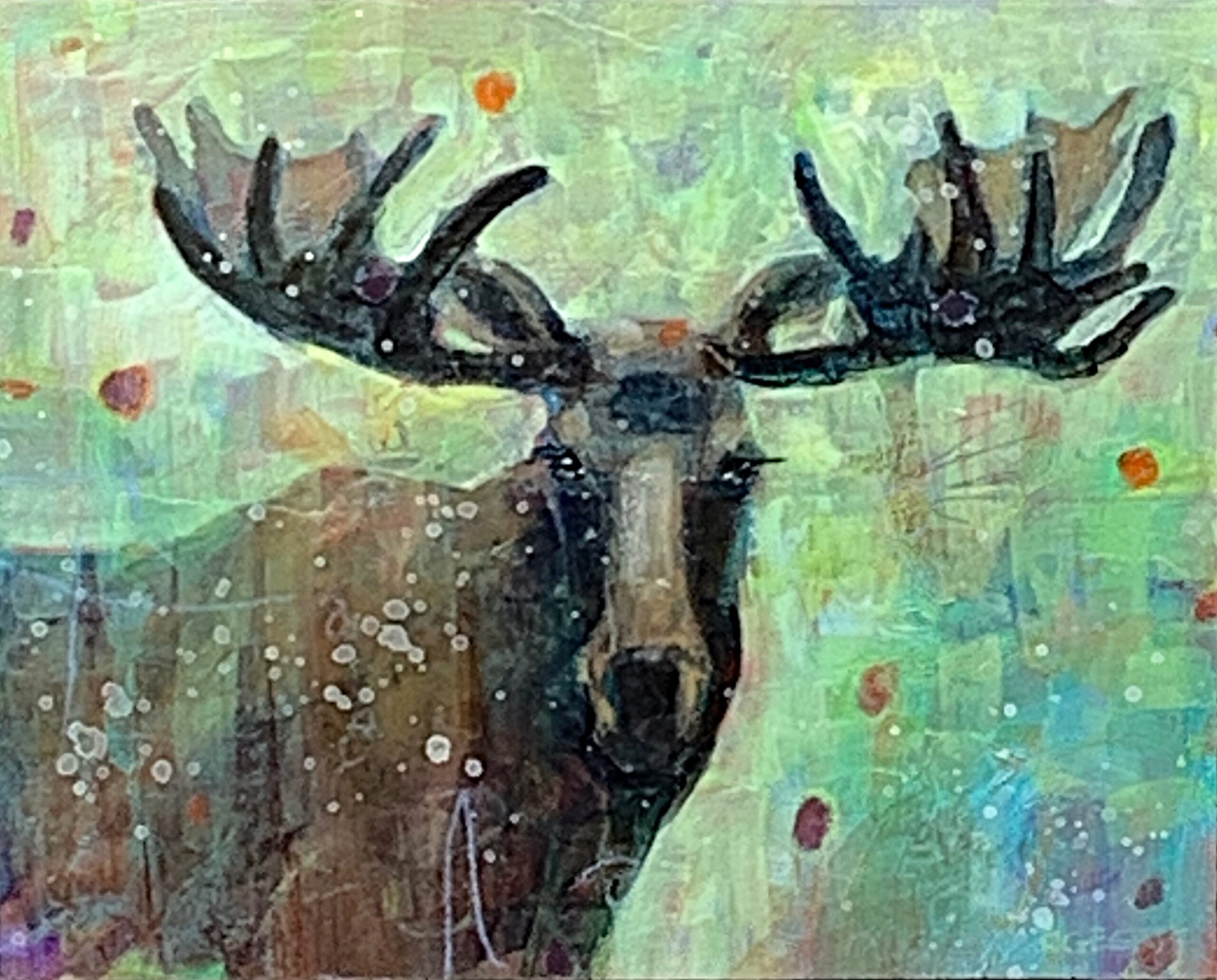 Moose on the Loose, mixed media moose painting by Connie Geerts | Effusion Art Gallery + Cast Glass Studio, Invermere BC