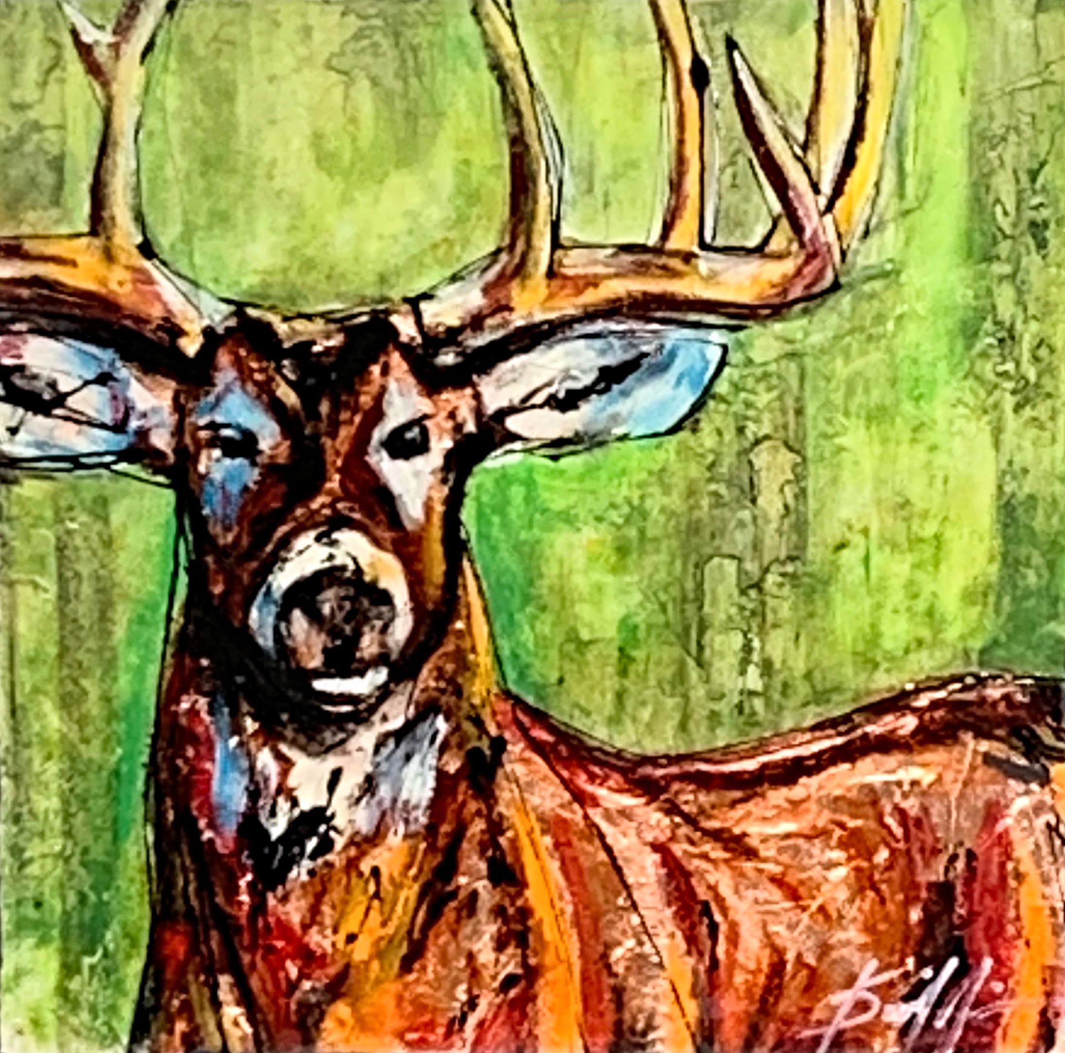 Stranger, mixed media deer painting on an apple green background by David Zimmerman | Effusion Art Gallery + Cast Glass Studio, Invermere BC