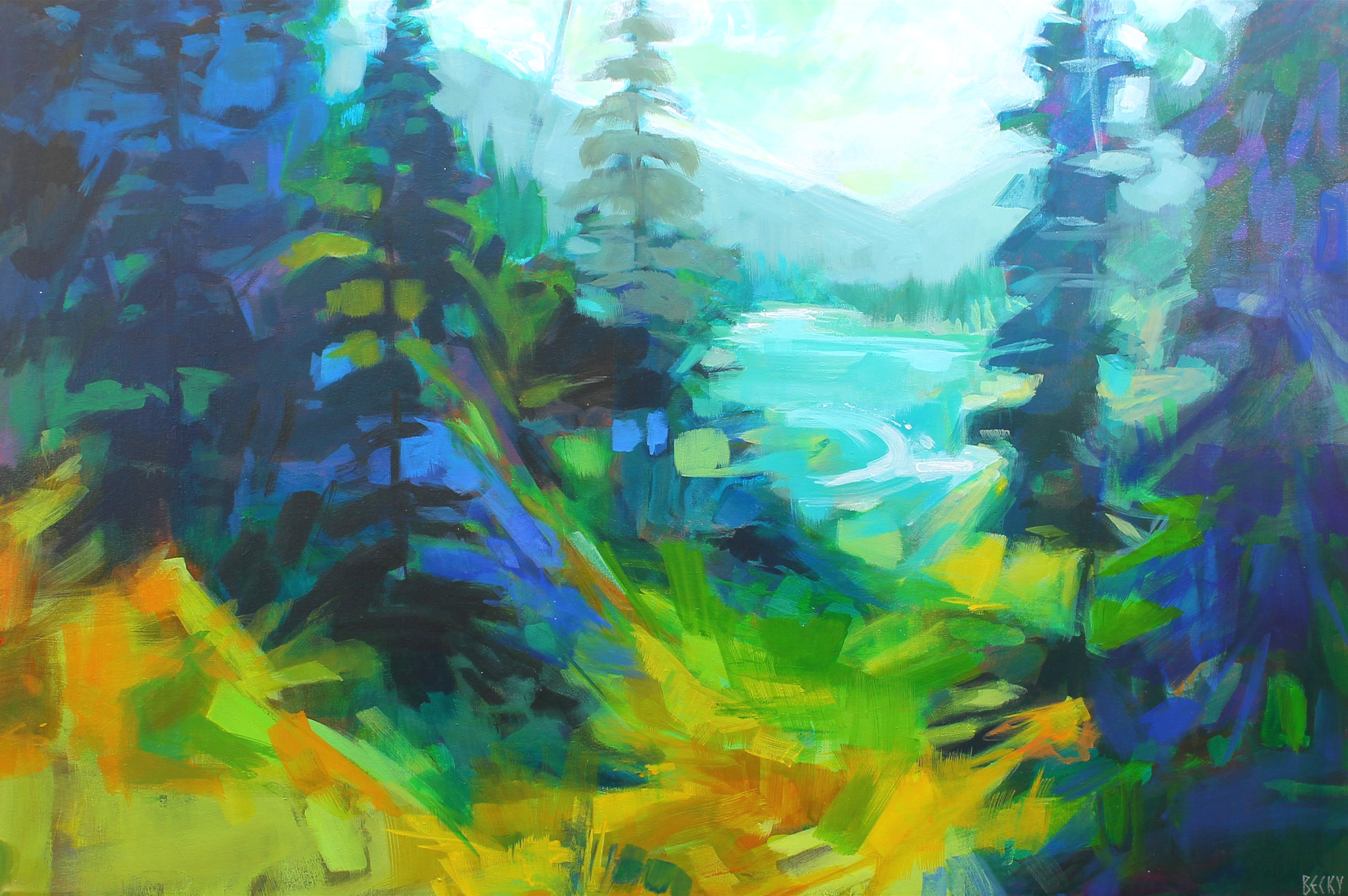 Far and Away, acrylic abstract landscape painting with trees in the foreground and mountains and a lake peeking through in the background by Becky Holuk | Effusion Art Gallery + Cast Glass Studio, Invermere BC