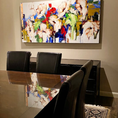 Original floral painting by Kimberly Kiel installed in a formal dining room | Effusion Art Gallery in Invermere BC
