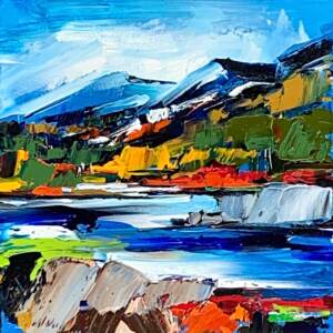 When the Magic Hits 3, oil mountain landscape painting with a vibrant lake by Kimberly Kiel.