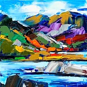 When the Magic Hits 4, oil mountain landscape painting with a vibrant lake by Kimberly Kiel.