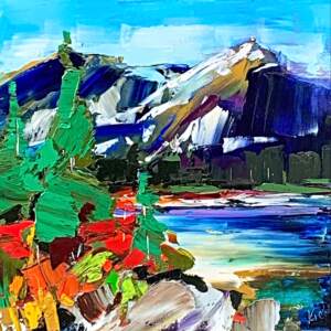When the Magic Hits 5, oil mountain landscape painting with a vibrant lake and colorful autumn trees by Kimberly Kiel.