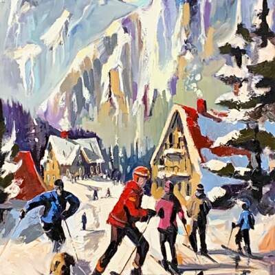Une rencontre joyeuse, oil ski painting by Robert Roy | Effusion Art Gallery, Invermere BC