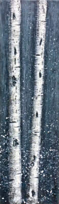 In the Mid of Night, original encaustic winter birch tree painting by Canadian artist Brenda Walker at Effusion Art Gallery in Invermere, BC.