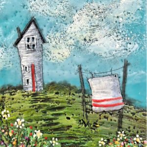 Original encaustic painting of a whimsical soft grey house with red striped laundry on the clothesline on a sunny summer day by Brenda Walker at Effusion Art Gallery in Invermere.