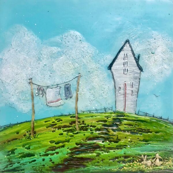 Rainbow Road 68, encaustic whimsical house and landscape painting by Brenda Walker at Effusion Art Gallery in Invermere