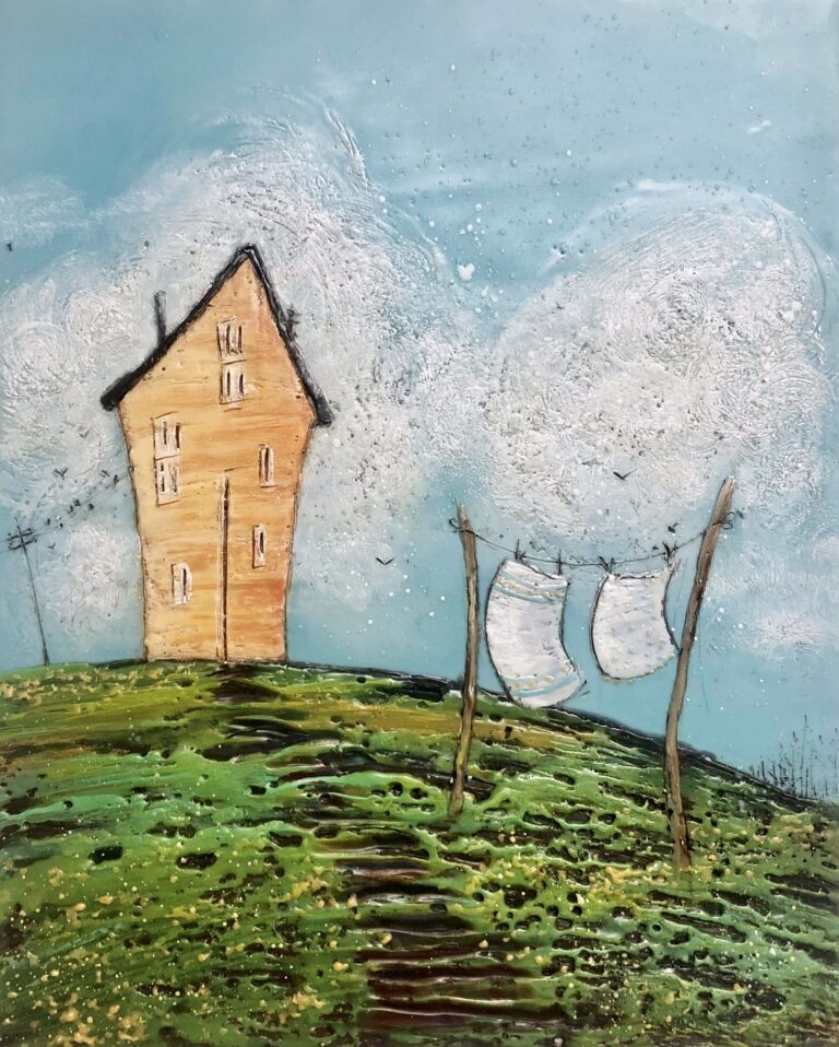 Rainbow Road 69, encaustic whimsical house and landscape painting by Brenda Walker at Effusion Art Gallery in Invermere