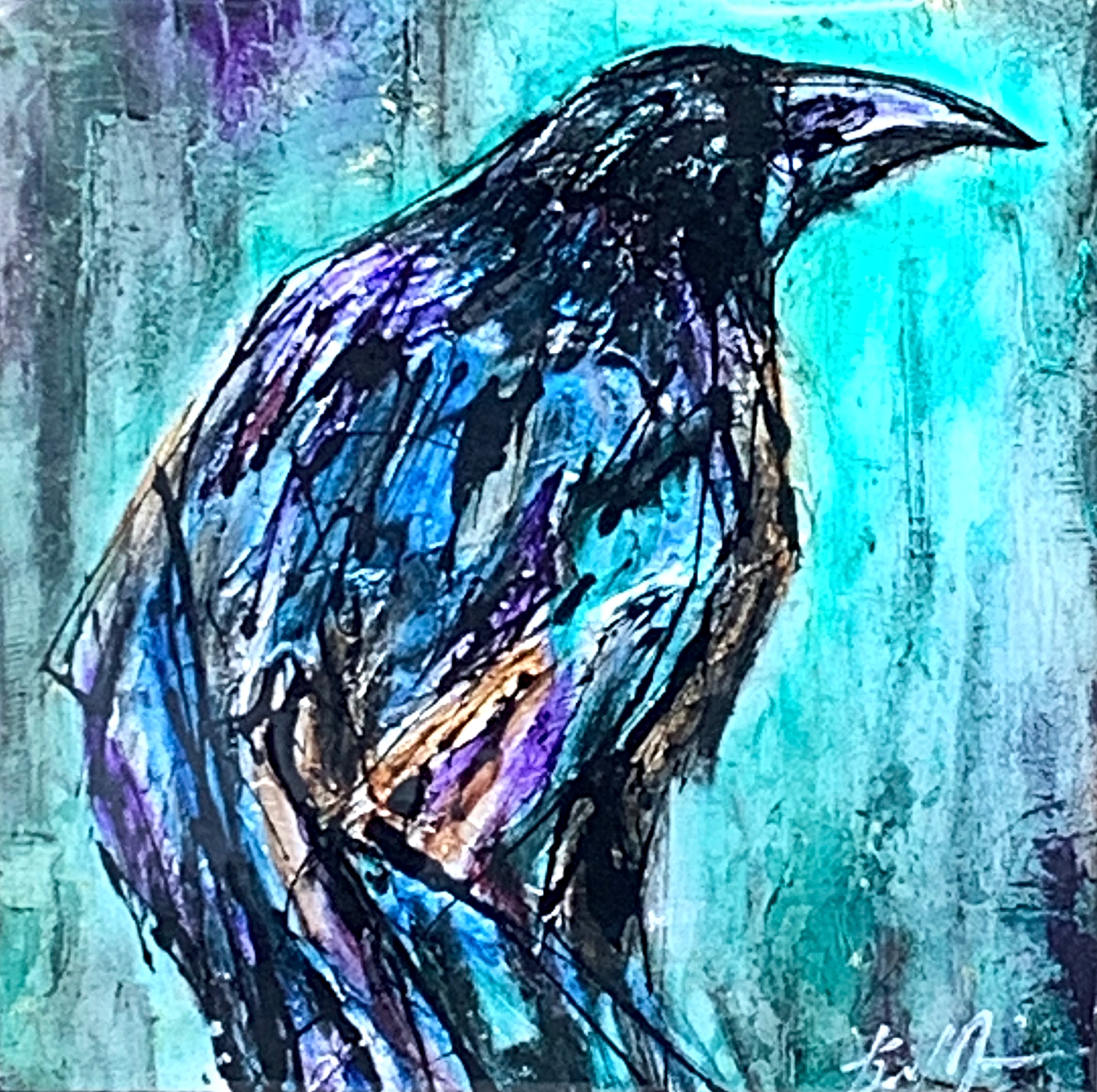 Playful crow portrait on a bright turquoise background by David Zimmerman.
