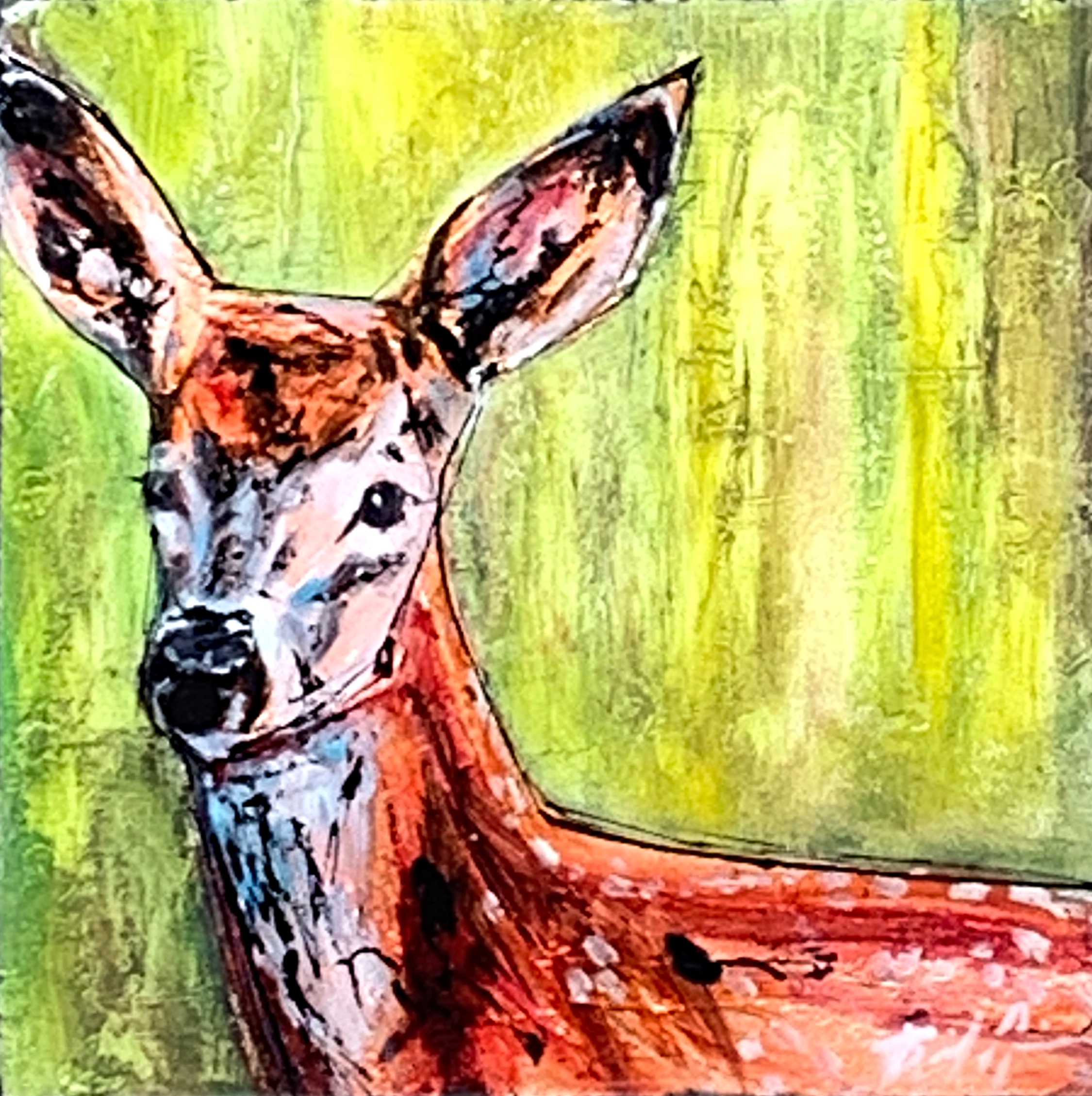 Lost Again, mixed media fawn painting by David Zimmerman | Effusion Art Gallery +  Cast Glass Studio, Invermere BC