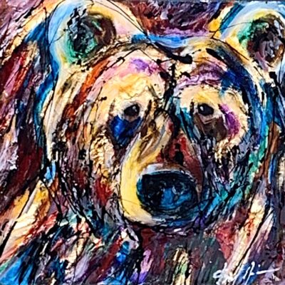 Thoughts, mixed media bear painting by David Zimmerman | Effusion Art Gallery +  Cast Glass Studio, Invermere BC