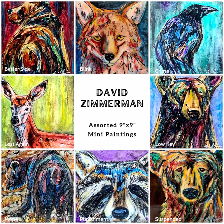 Assorted mixed media mini animal paintings by David Zimmerman | Effusion Art Gallery, Invermere BC