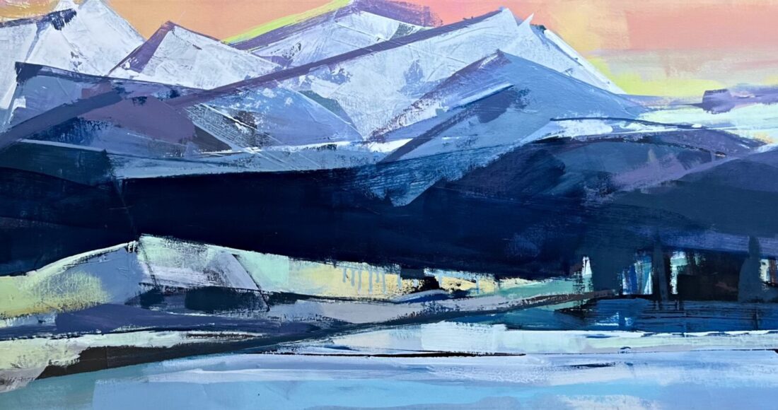 Original Rocky mountain landscape painting with a soft sunset by Katie Leahul.