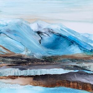 Alcohol ink painting of an abstract blue mountain looking onto a brown, gold, and blue valley by Paulina Tokarski.