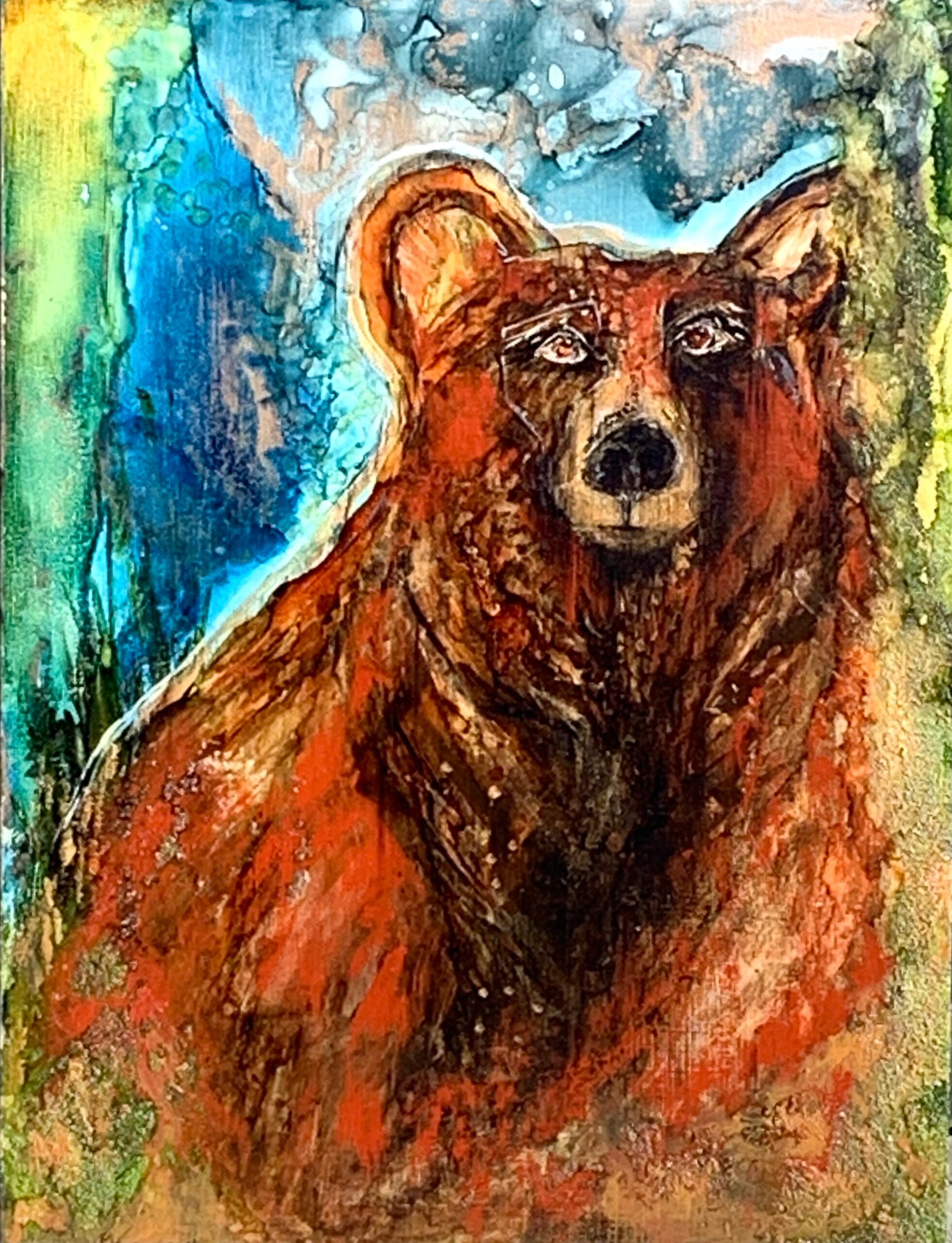 Alcohol ink painting of a friendly brown bear in the forest by Paulina Tokarski.