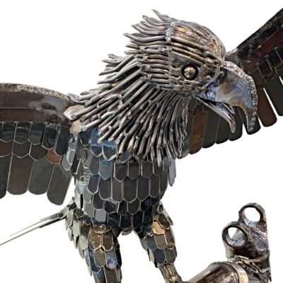 Astrid, reclaimed metal bald eagle, nest, tree, and eggs sculpture by Wendy Stone | Effusion Art Gallery, Invermere BC