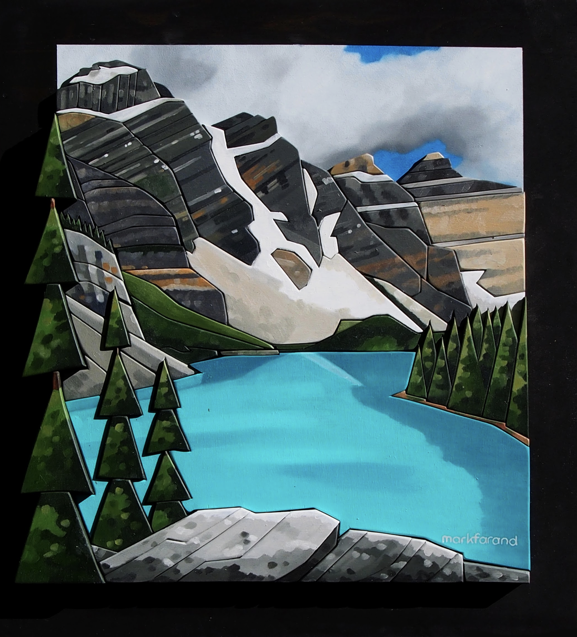 A View from the Ledge, oil and scroll-cut wood landscape of Moraine Lake by Mark Farand | Effusion Art Gallery, Invermere BC