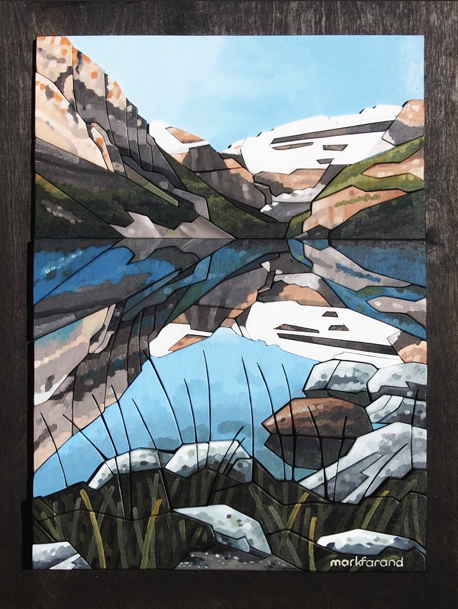 Original oil painting of Lake Louise on scroll-cut wood and canvas by Mark Farand.