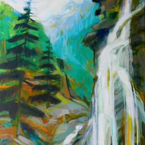 Acrylic painting of a mountain waterfall surrounded by trees and rocks by Becky Holuk.