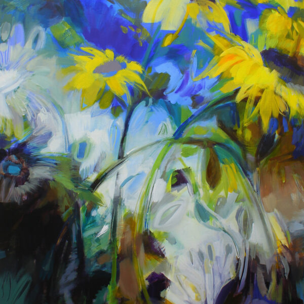 Reaching, acrylic sunflower painting by Becky Holuk | Effusion Art Gallery + Cast Glass Studio, Invermere BC