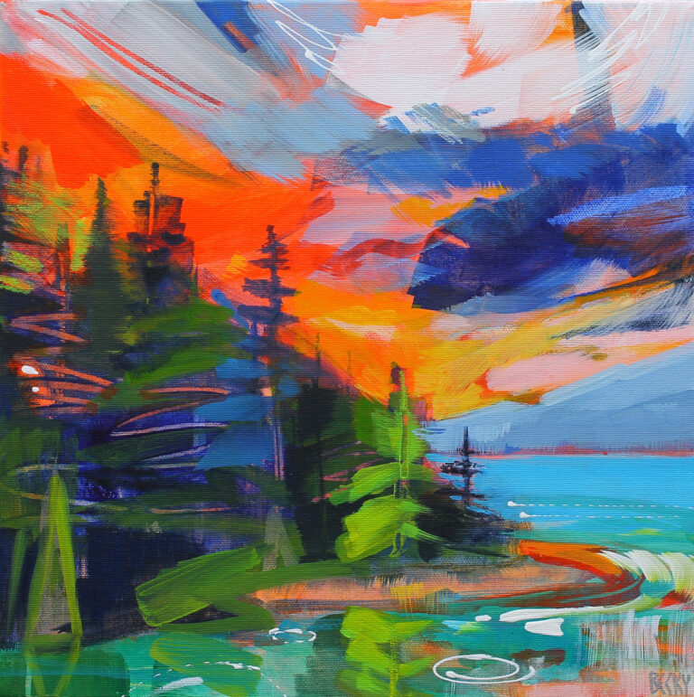 See You Tomorrow, acrylic sunset landscape painting by Becky Holuk | Effusion Art Gallery + Cast Glass Studio, Invermere BC