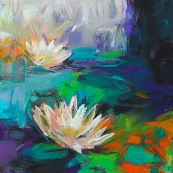 Water Lilies, acrylic waterlily painting by Becky Holuk | Effusion Art Gallery + Cast Glass Studio, Invermere BC