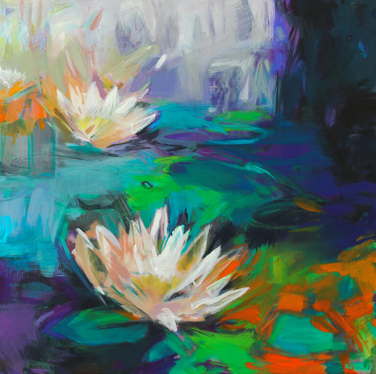 Water Lilies, acrylic waterlily painting by Becky Holuk | Effusion Art Gallery + Cast Glass Studio, Invermere BC