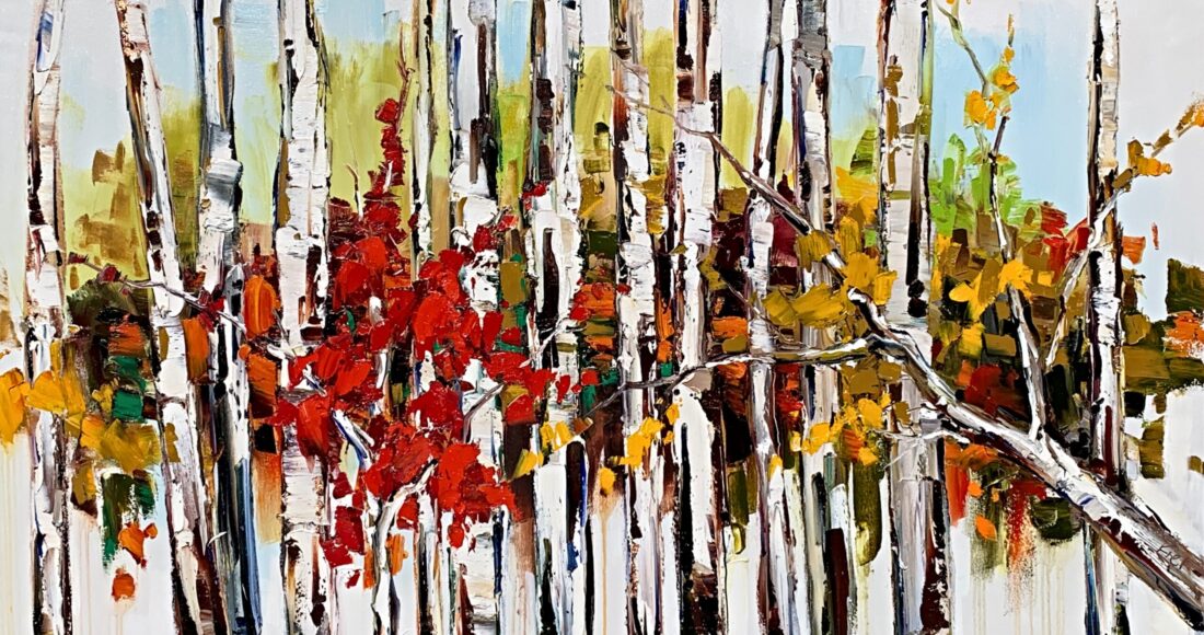 Oil palette knife painting of autumn birch and aspen trees by Kimberly Kiel.