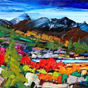 Oil landscape palette knife painting of mountains and autumn trees by Kimberly Kiel.