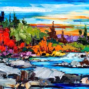 Oil landscape palette knife painting of a sunset, river, and autumn trees by Kimberly Kiel.