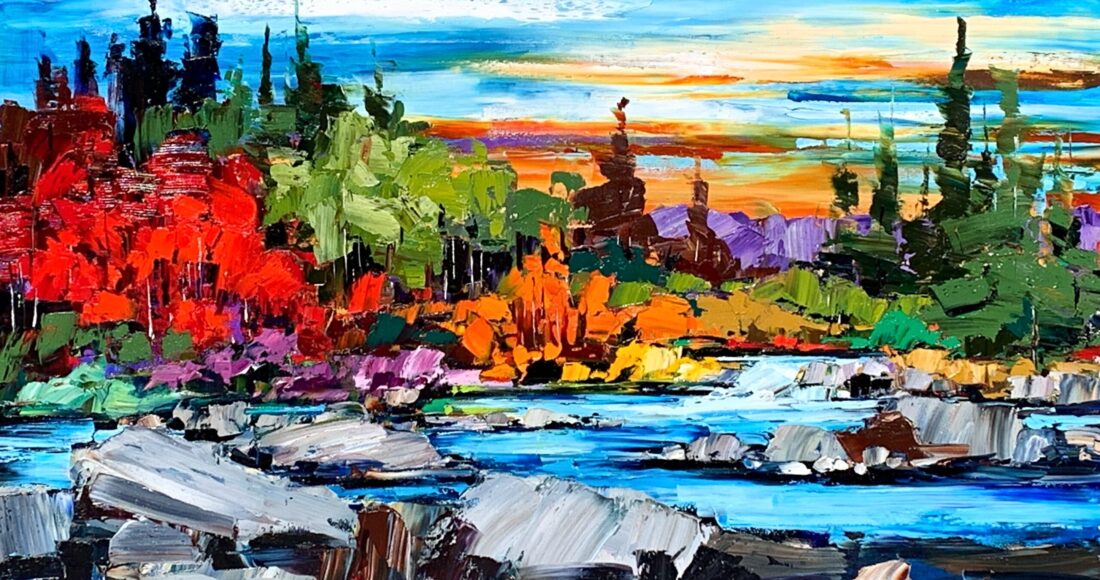 Oil landscape palette knife painting of a sunset, river, and autumn trees by Kimberly Kiel.