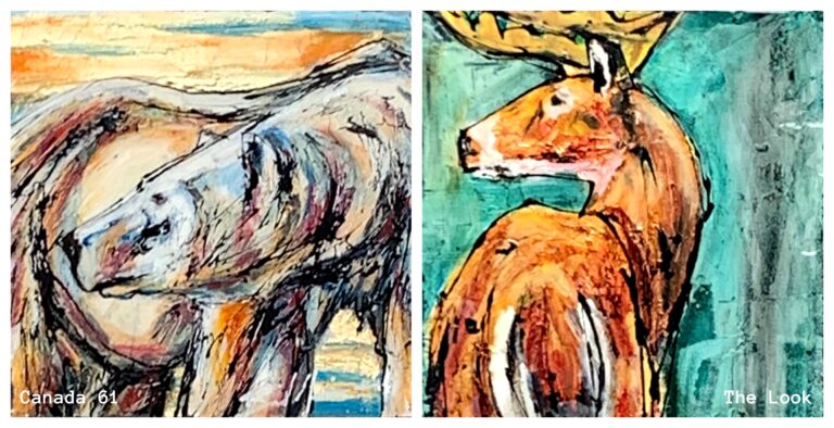 Canada Series mini polar bear and deer paintings by David Zimmerman | Effusion Art Gallery + Cast Glass Studio, Invermere BC