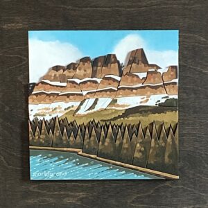 Original 3-D scroll cut wood and oil painting of Castle Mountain and the Bow River in Canmore / Banff by Mark Farand.