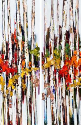 Can't Stay too Long 1+2, mixed media birch tree paintings by Kimberly Kiel | Effusion Art Gallery, Invermere BC