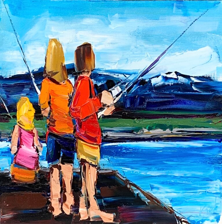 Mountain Life - Fishing, oil family fishing painting by Kimberly Kiel | Effusion Art Gallery, Invermere BC