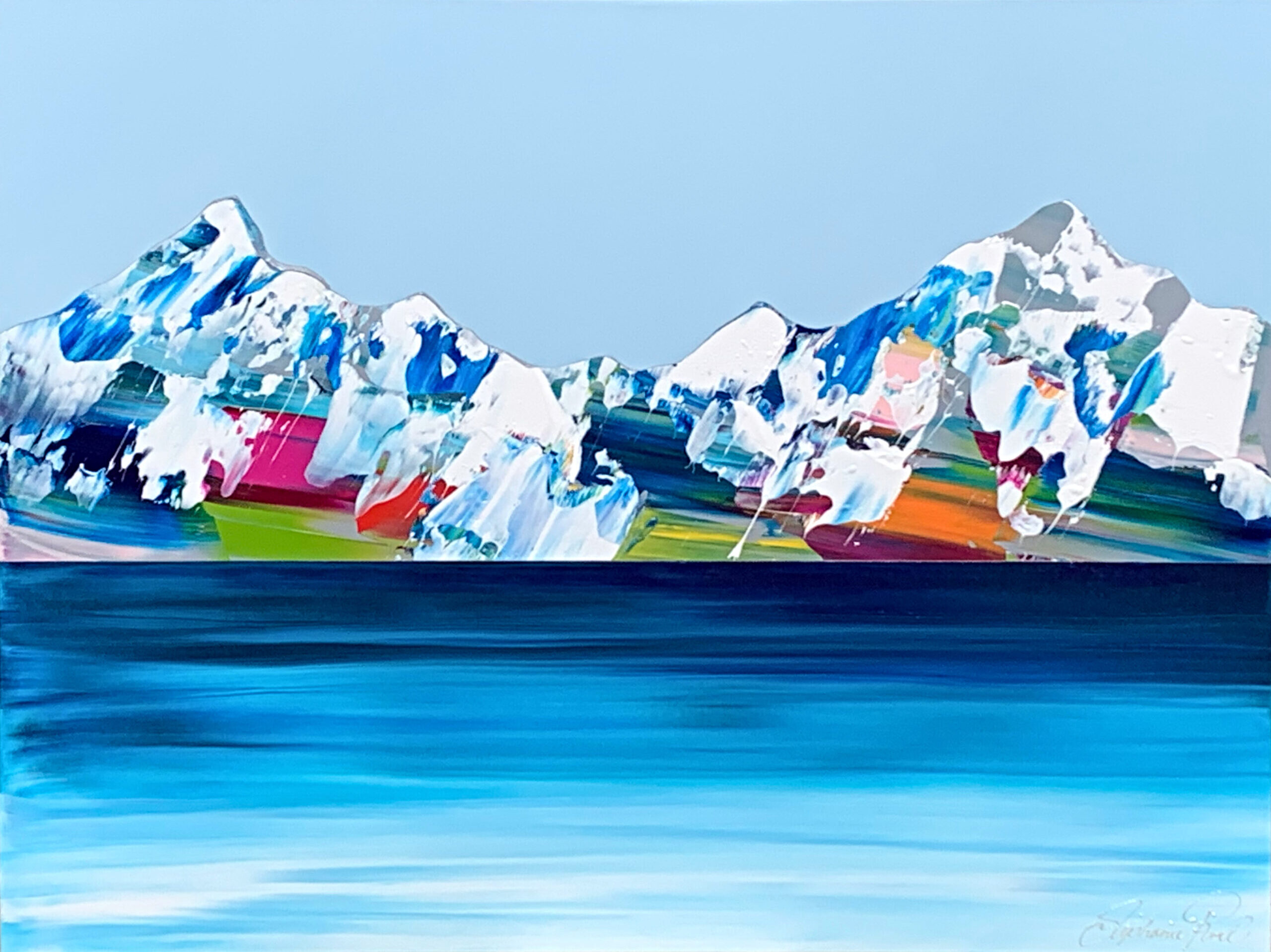Painting of abstract mountains and lake with blue sky by Stephanie Rivet.