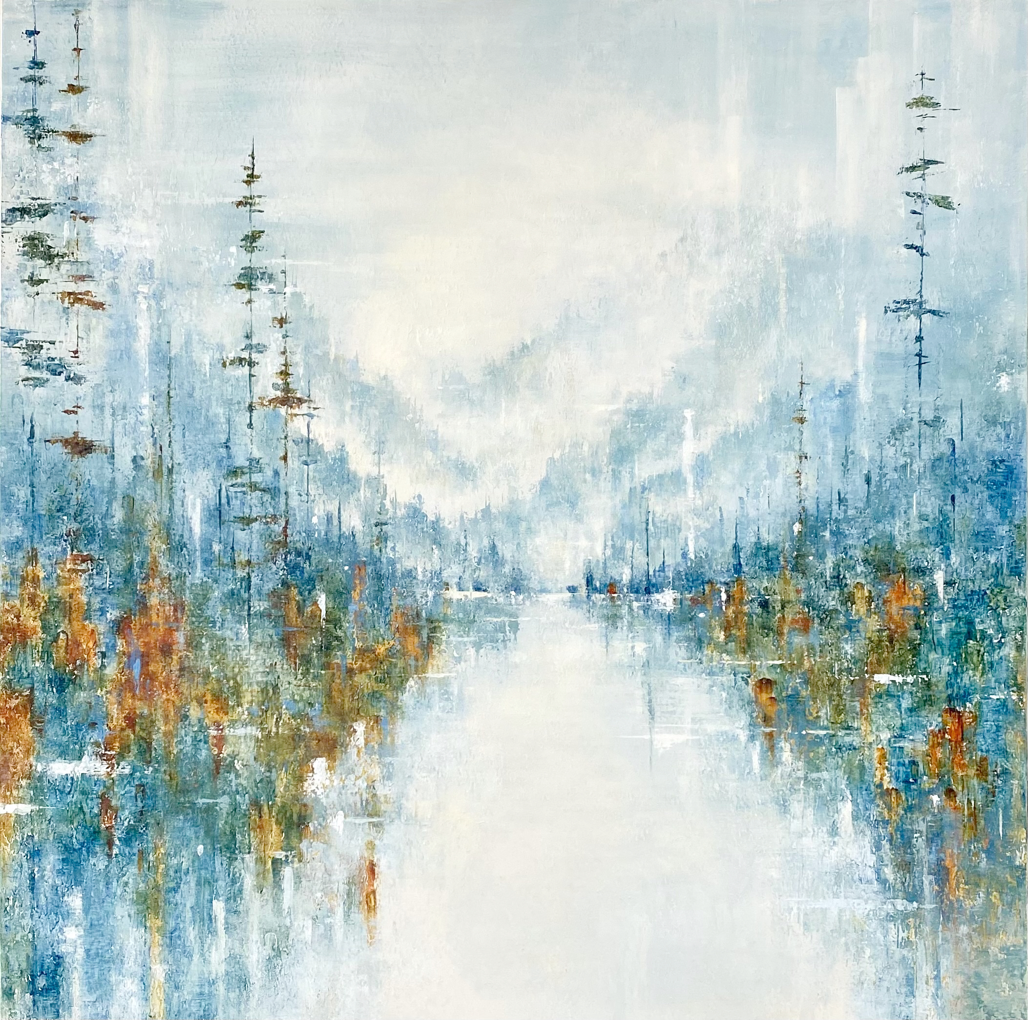 Dreamy soft mountain landscape painting by Gina Sarro of misty mountains and trees reflecting into a gentle lake.