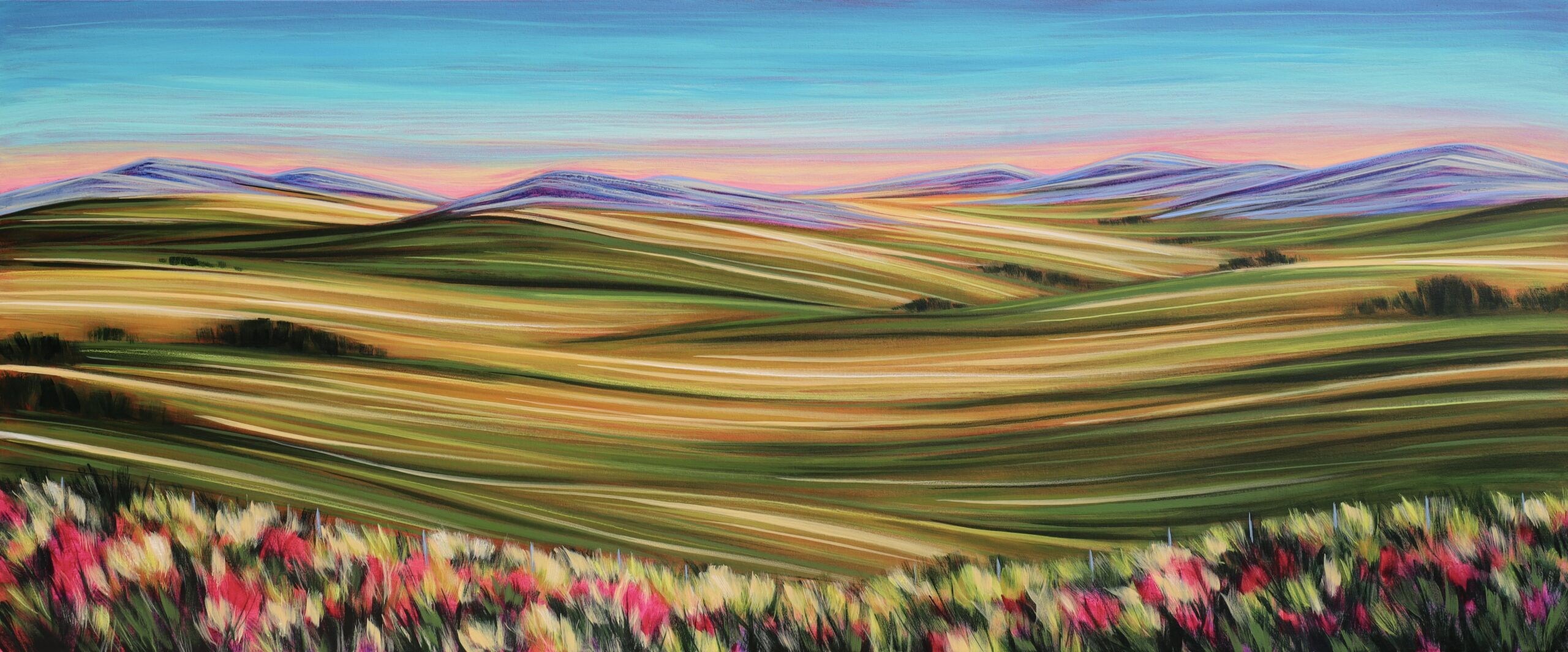 Kayla Eykelboom painting of green rolling prairie and the Alberta foothills with blue sky and colorful wildflowers.