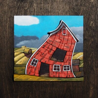 Chicken Little, 3-D mixed media barn painting with tiny chicken by Mark Farand | Effusion Art Gallery, Invermere BC