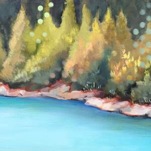 Shoreline Sparkle, original acrylic lake painting by Canadian artist Eleanor Lowden at Effusion Art Gallery in Invermere, BC.