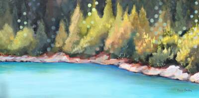 Shoreline Sparkle, original acrylic lake painting by Canadian artist Eleanor Lowden at Effusion Art Gallery in Invermere, BC.
