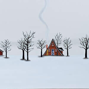 Natasha Miller painting of three small cozy cabins on a snowy winter day with smoke coming out of the chimneys. There are a number of bare trees with red cardinals in them and snowflakes in the sky.